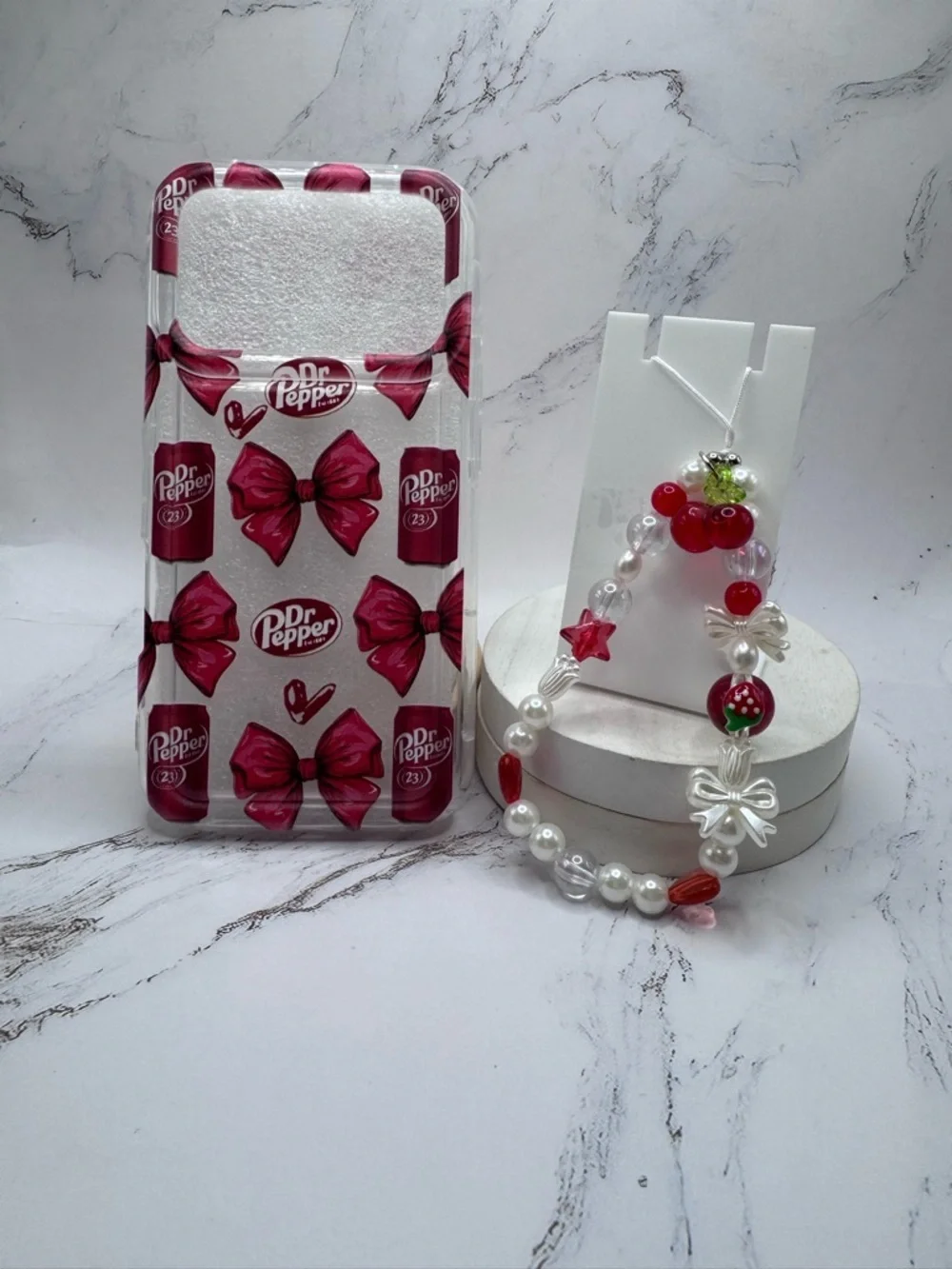 iPhone 17 Pro Dr Pepper Bow Phone Case + Beaded Cherry Bow Charm